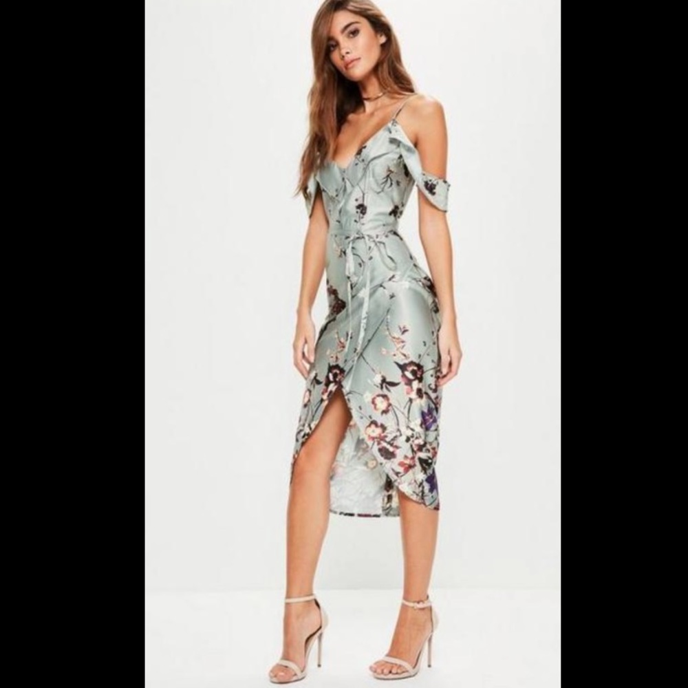 Missguided grey frill floral midi dress, Size 12 NWT 💎